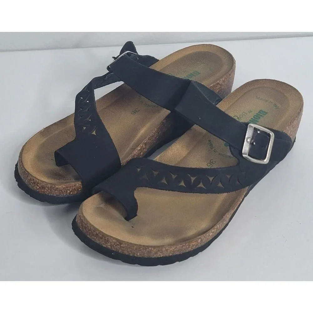 BIONATURA Nubuk Leather Black Cork Sandals Made in Italy Size 36 US 5 Wedge